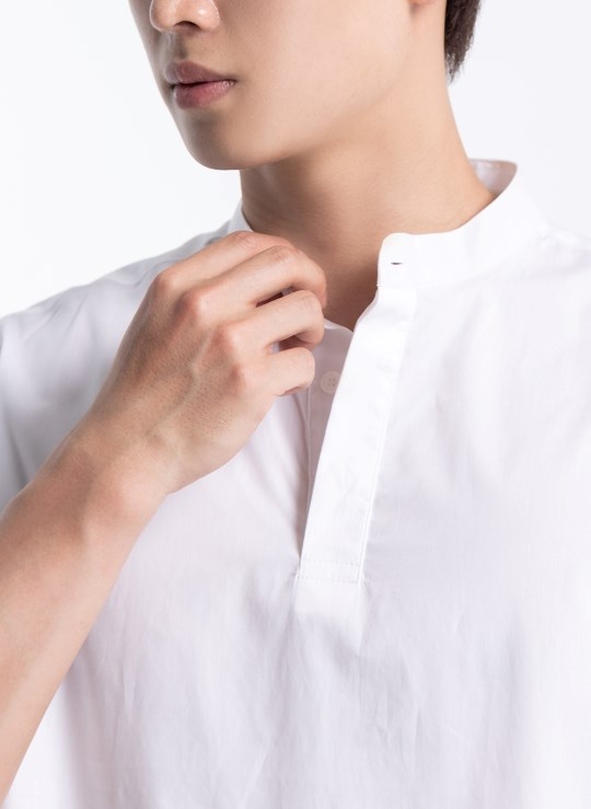 Áo Sơ Mi Cổ Trụ Tay Ngắn Vải Cotton Thấm Hút Trơn Dáng Rộng Đơn Giản No Style 63