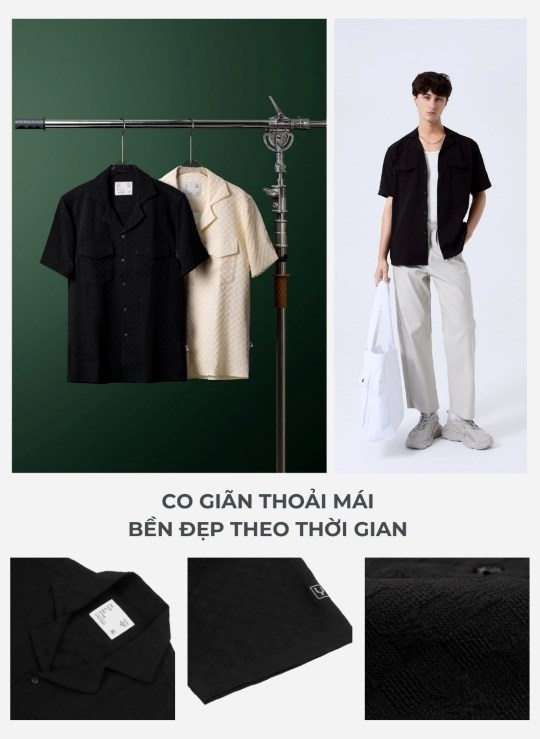 Áo Sơ Mi Cuban Tay Ngắn Vải Họa Tiết Nổi No Style M82