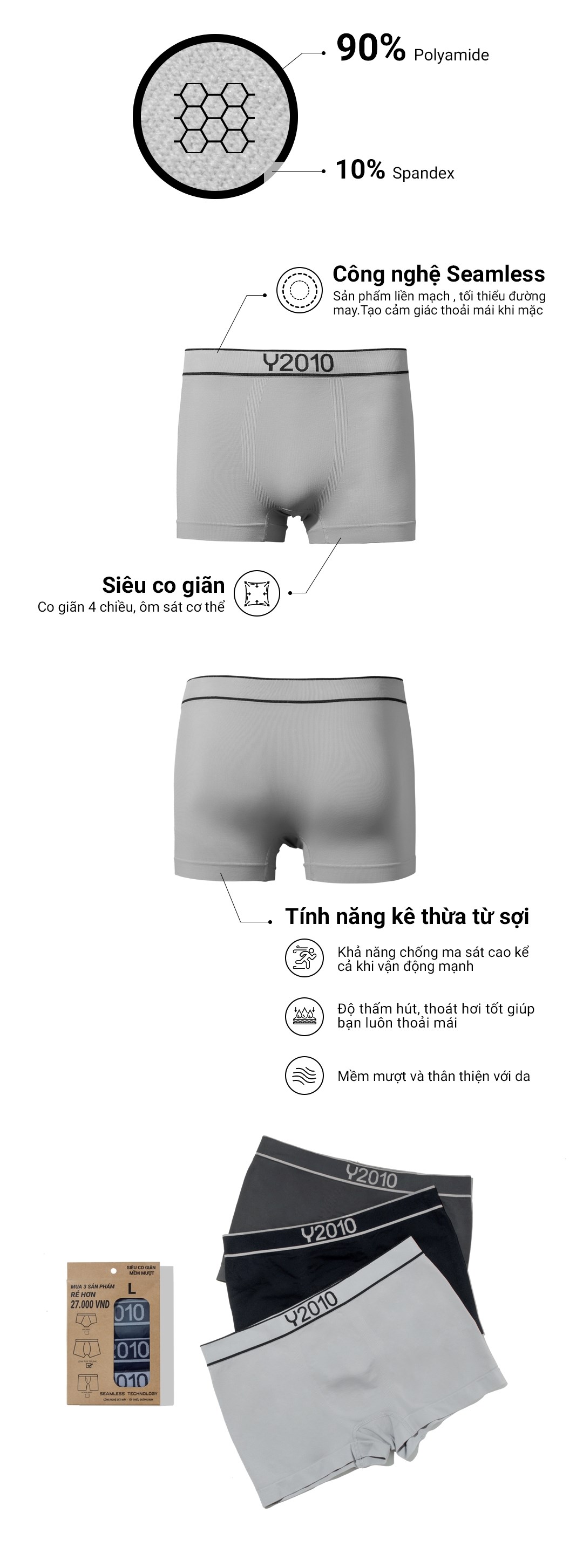 Quần Lót Nam Boxer Seamless #Y2010 M2 Combo 3