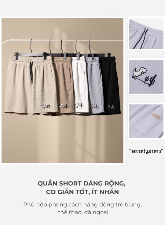 Quần Short Nam Thun Waffle 7 Inch Thoáng Khí Seventy Seven 30